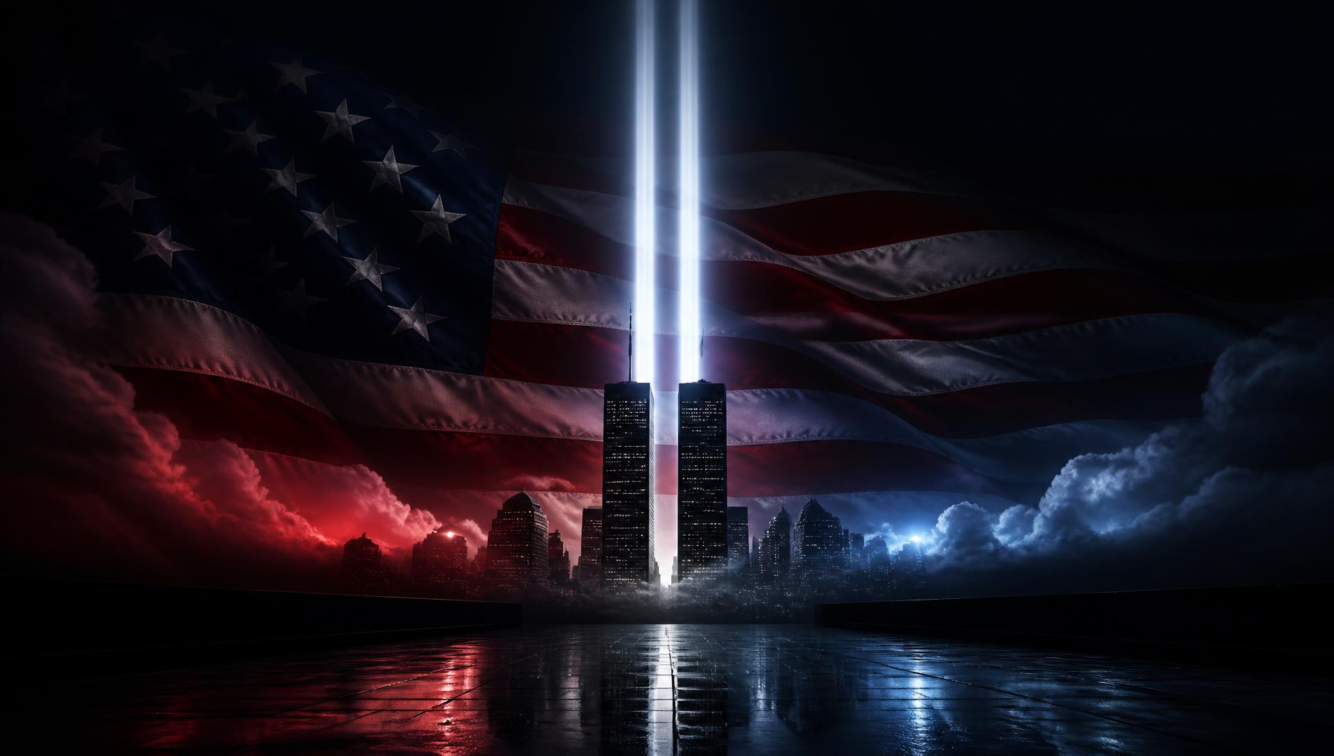 Twin tower silhouettes beneath two enormous white beams of light with an American flag behind