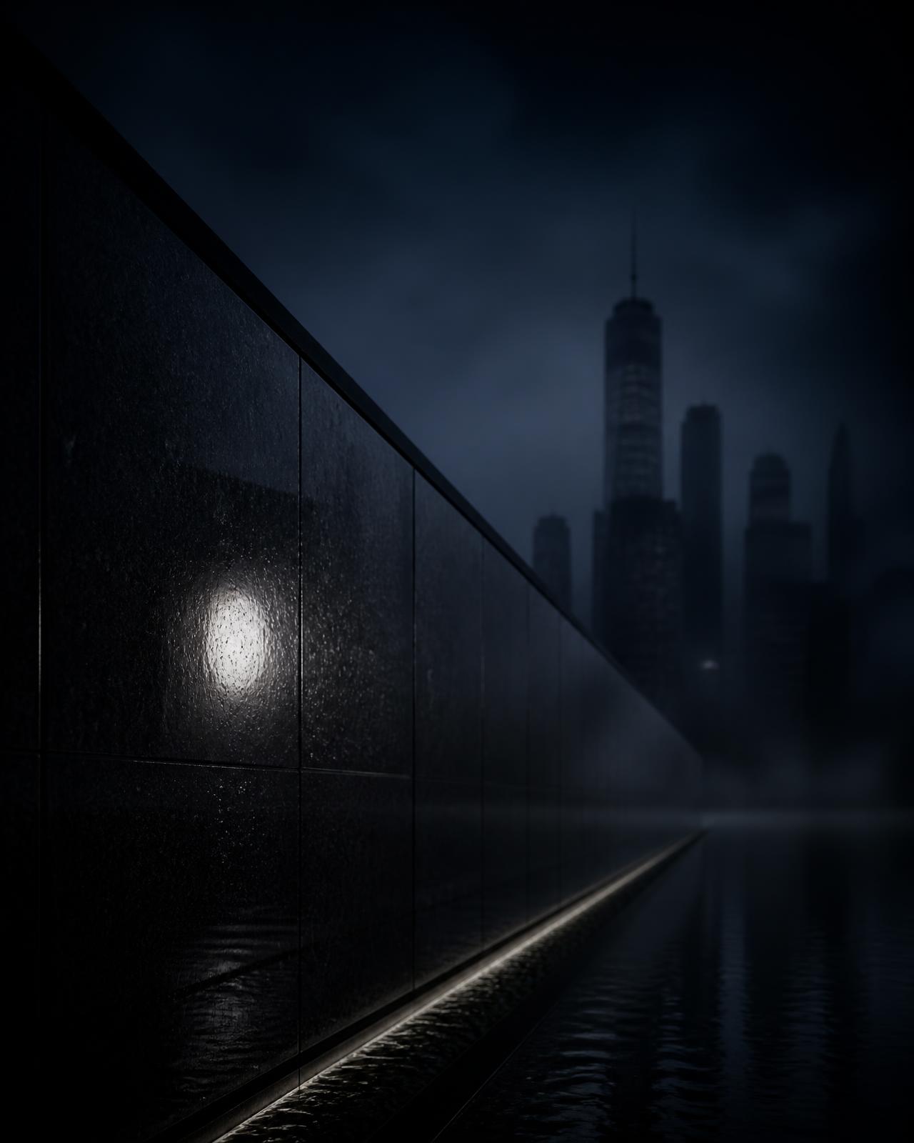 Black granite memorial wall reflecting a single light, New York skyline in fog beyond